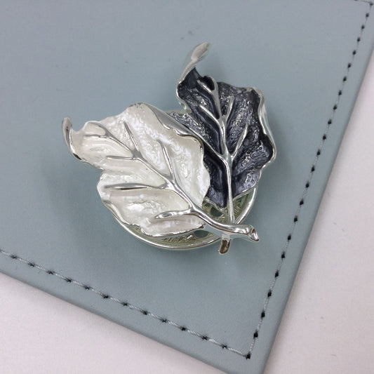 Magnetic Scarf Brooch - Silver Twin Leaves