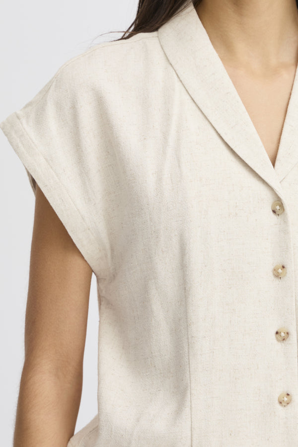 Fransa Atel Linen Blend Cropped Blouse - Oatmeal