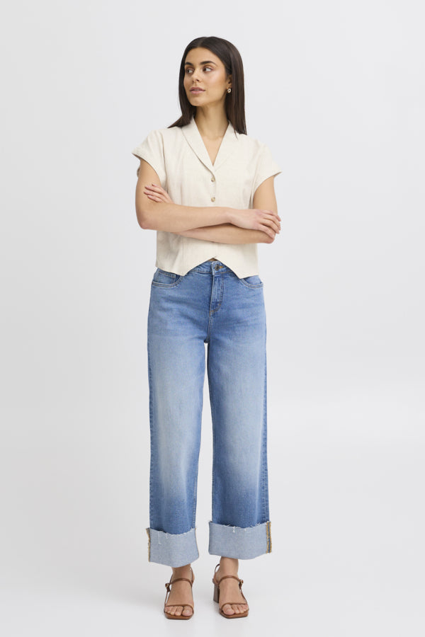 Fransa Atel Linen Blend Cropped Blouse - Oatmeal