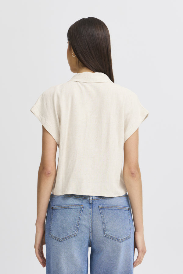 Fransa Atel Linen Blend Cropped Blouse - Oatmeal