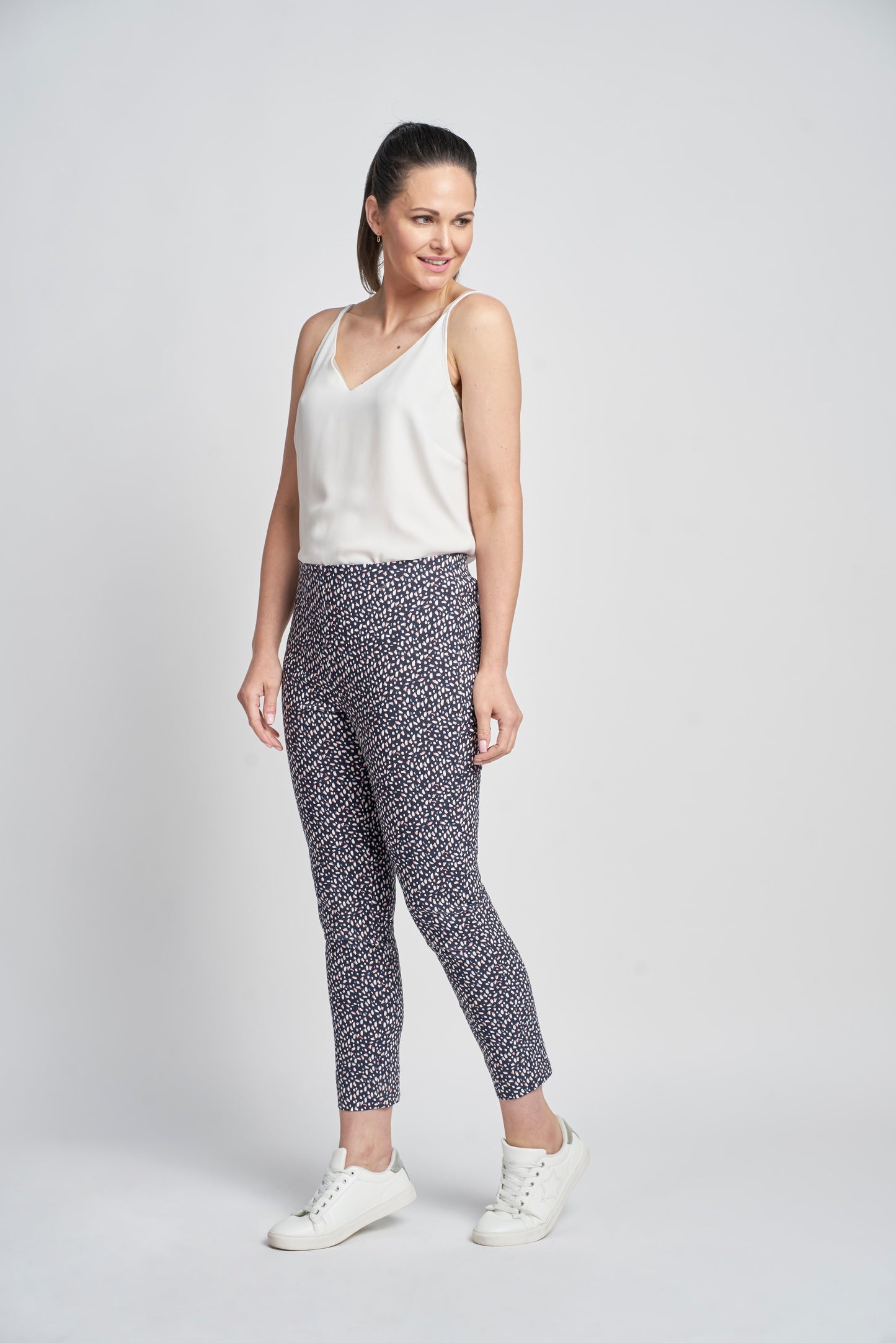 Pinns Buttercup Ankle Grazer 27" Stretch Trousers - Speckled black/pink/white