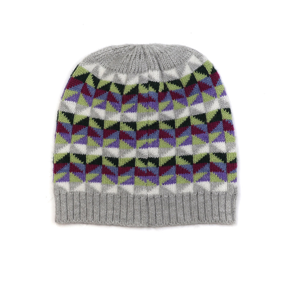 POM Geometric knit Beanie Hat - Plum Mix