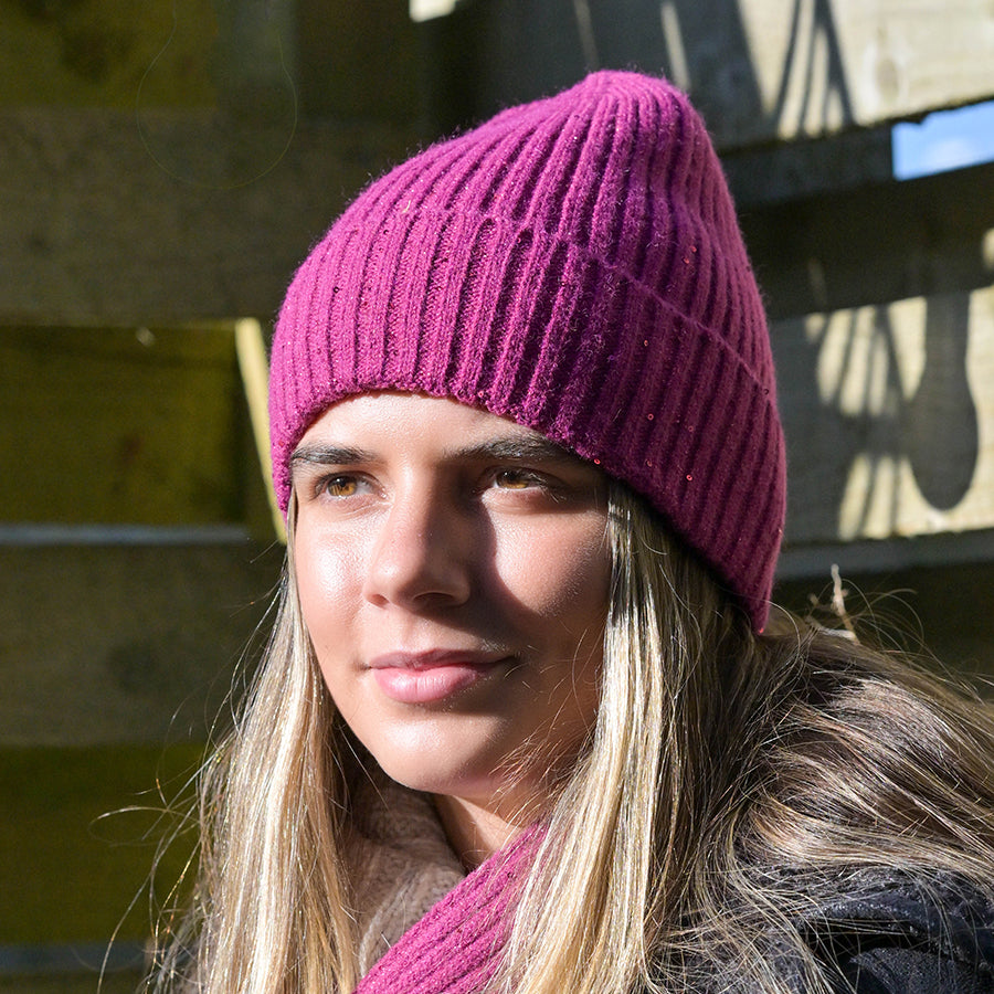 POM Sequin Ribbed Beanie Hat - Teal or Magneta