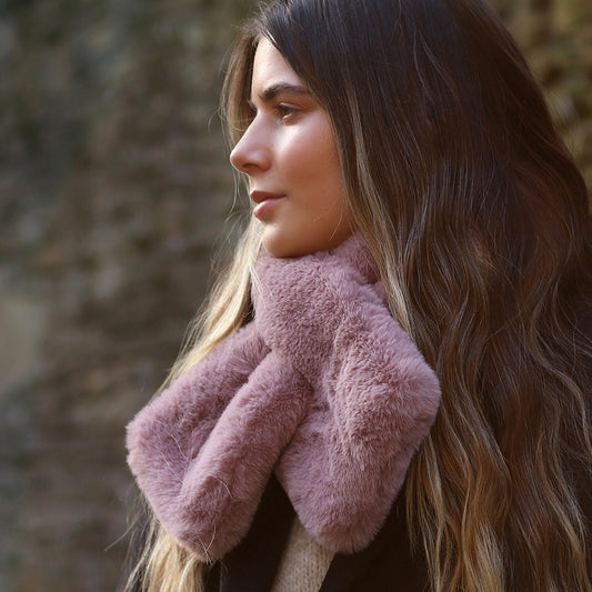 POM Faux Fur Pull Through Scarf - Pink or Taupe