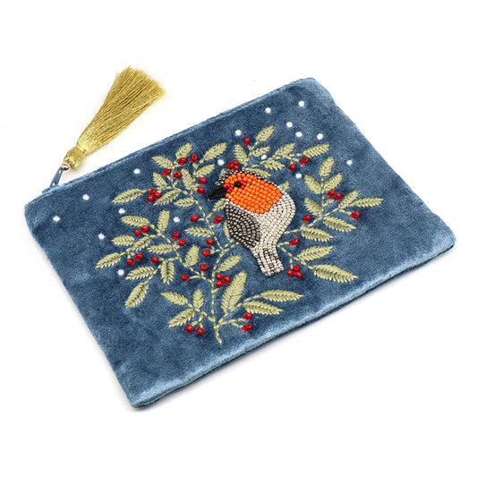 POM Embroidered Robin and Holly Velvet Zip Purse - Dusky Blue