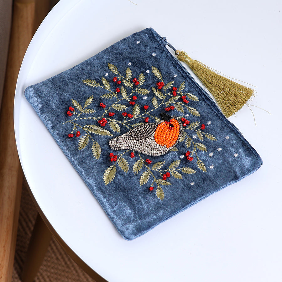 POM Embroidered Robin and Holly Velvet Zip Purse - Dusky Blue