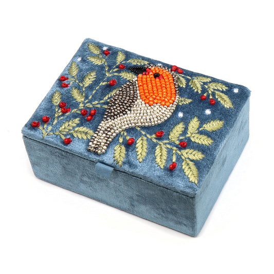 POM Embroidered Robin and Holly Velvet Jewellery Box - Dusky Blue