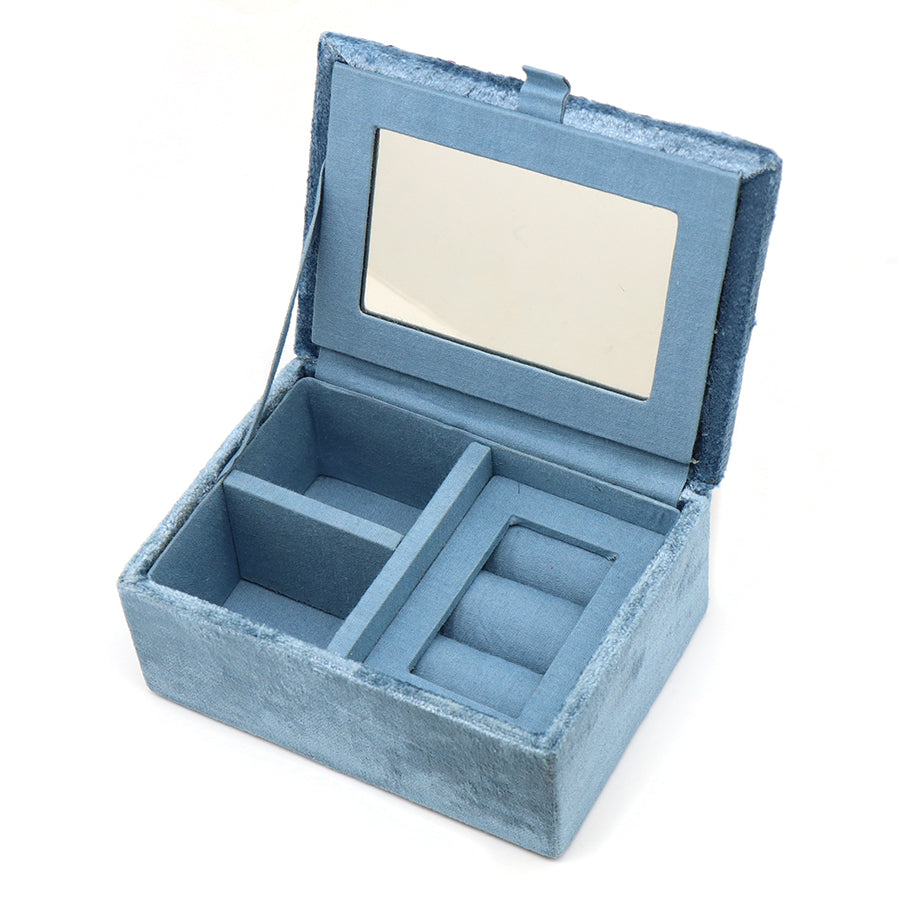 POM Embroidered Robin and Holly Velvet Jewellery Box - Dusky Blue