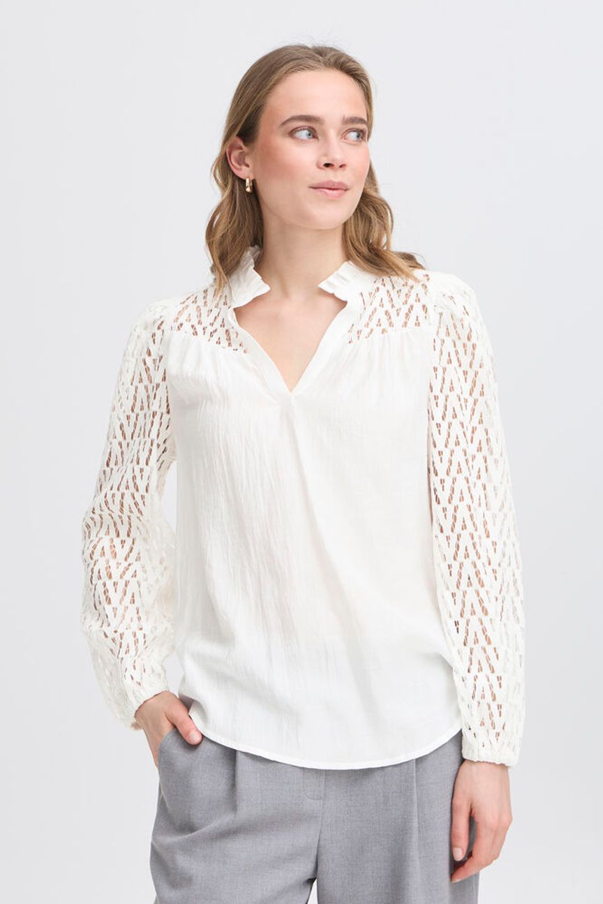 Fransa Bless Lace Sleeve Blouse - White