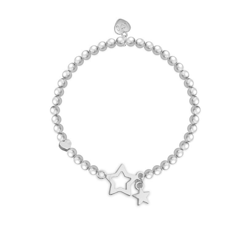 Life Charms Silver Plated Beaded Stretch Bracelet with Embedded Twin Hearts - Super Sister