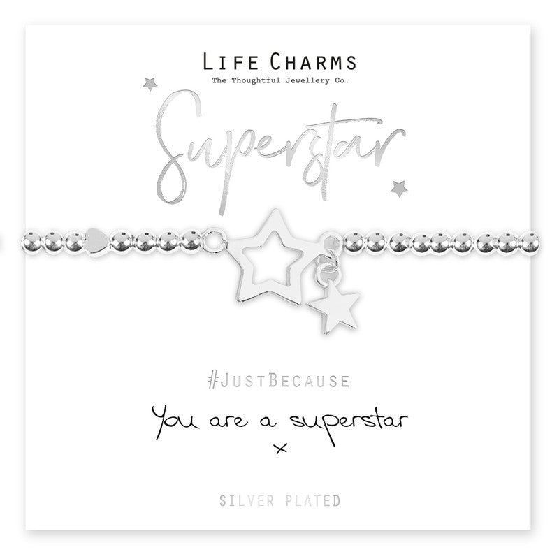 Life Charms Silver Plated Beaded Stretch Bracelet with Silver Stars Charms - Superstar