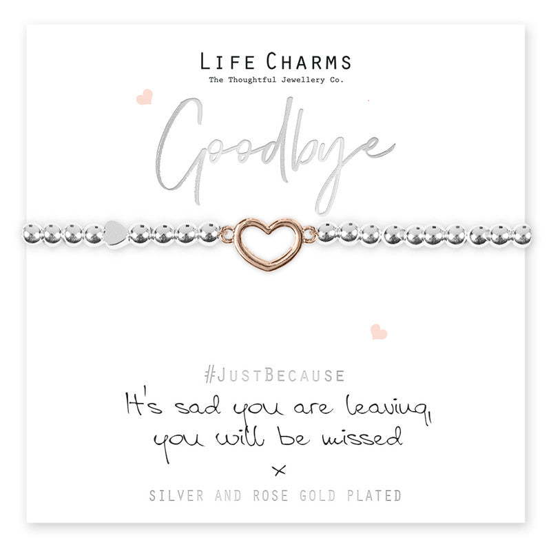 Life Charms Silver Plated Stretch Bracelet with Rose Gold Heart - Goodbye