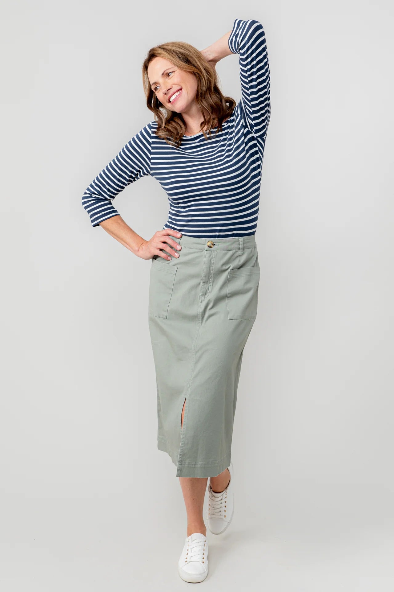 Lily & Me Penrose Twill Midi Skirt - Soft Khaki