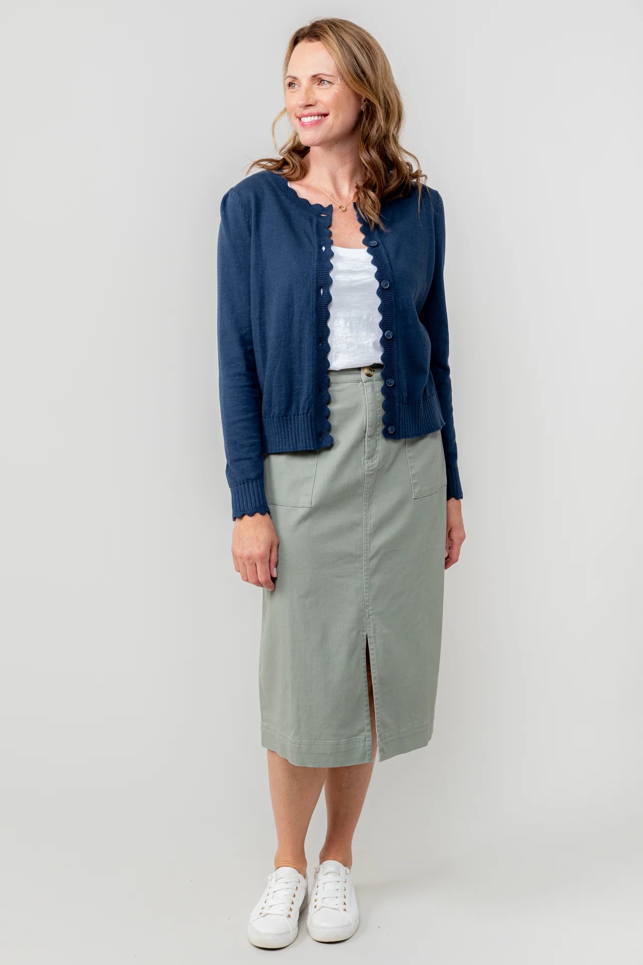 Lily & Me Penrose Twill Midi Skirt - Soft Khaki