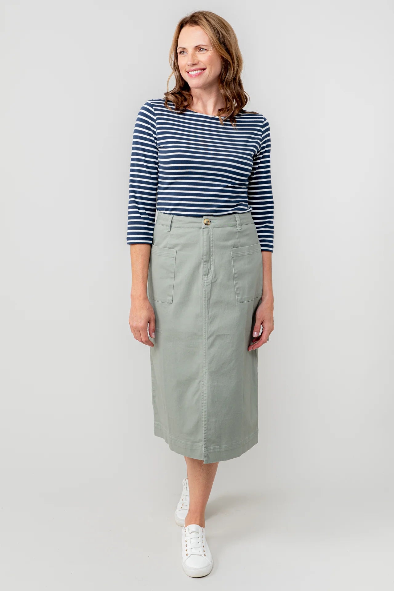 Lily & Me Penrose Twill Midi Skirt - Soft Khaki