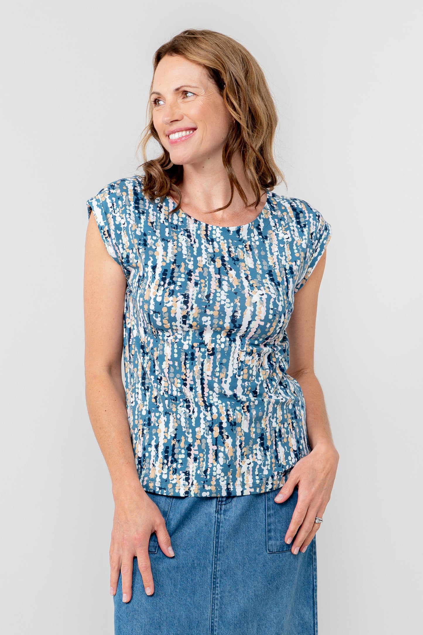 Lily & Me Surfside Cotton Jersey Tee Miriam Print - Petrol