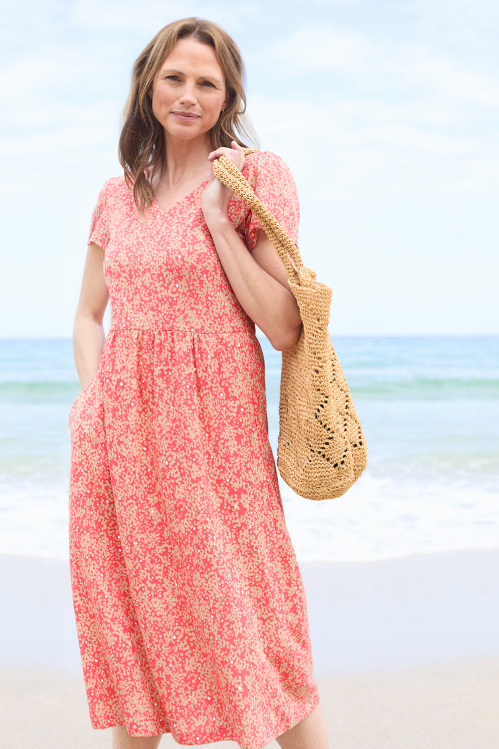 Lily & Me Summer Midi Dress Stipple - Coral
