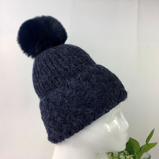 Textured Knit Bobble Hat - Navy Blue