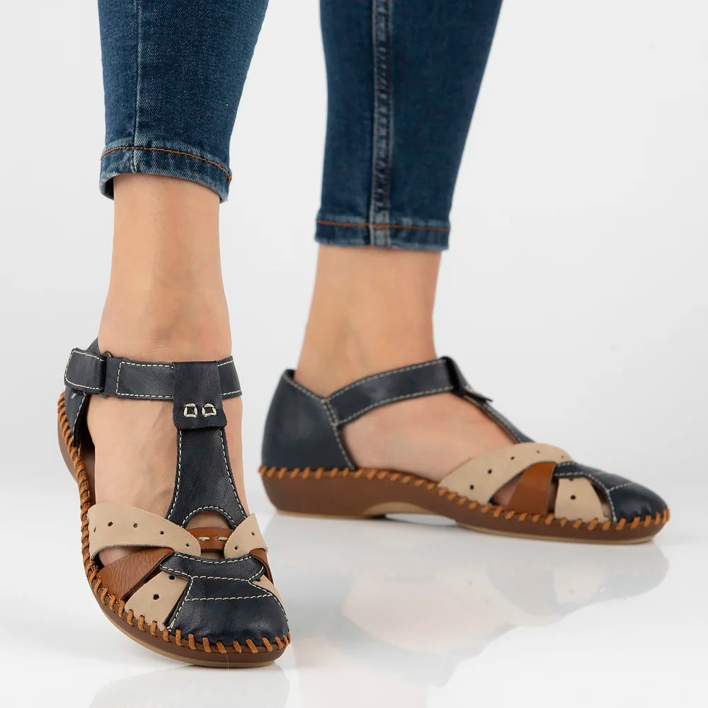 Rieker M1655 Ladies Leather Shoes - Navy/ Beige Mix
