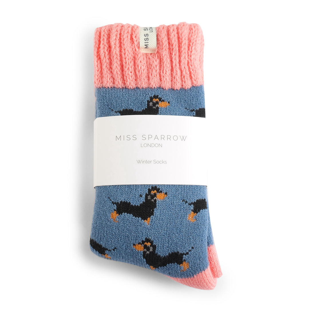 Miss Sparrow Fleecy Lined Sausage Dogs Socks - Denim blue