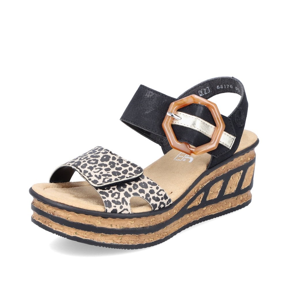 Rieker Black/ Animal Wedged Sandals 68176 - Black