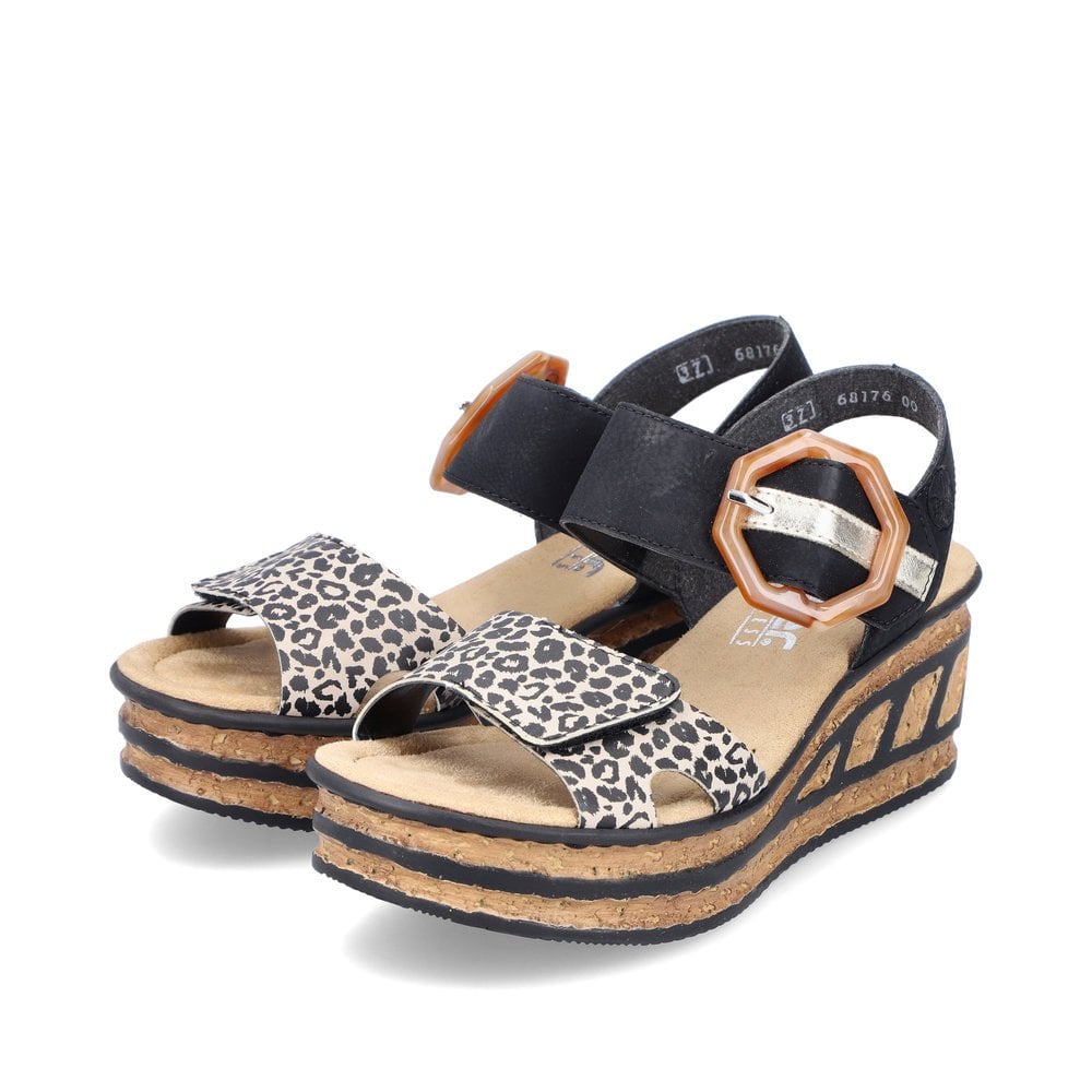 Rieker Black/ Animal Wedged Sandals 68176 - Black