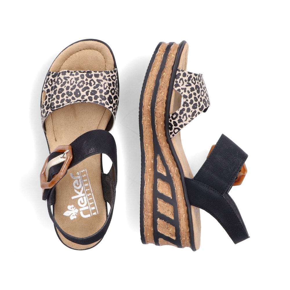 Rieker Black/ Animal Wedged Sandals 68176 - Black