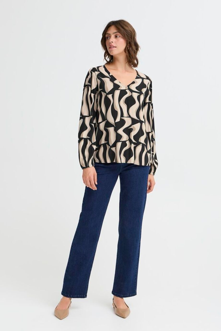 Fransa Justini Long Sleeve Blouse - Black Swirl