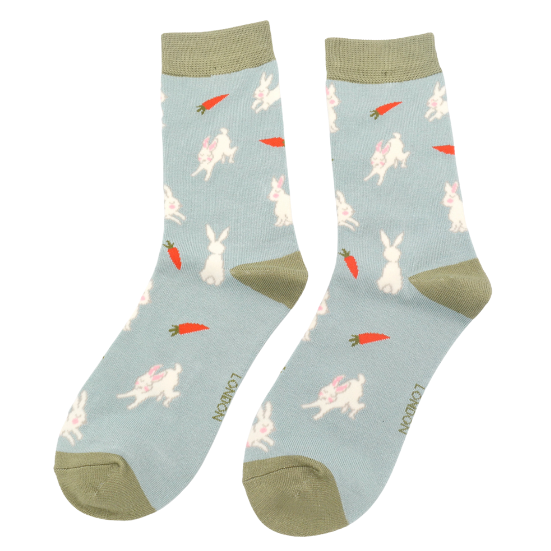Miss Sparrow Bamboo Bunnies and Carrots Socks - Duck Egg