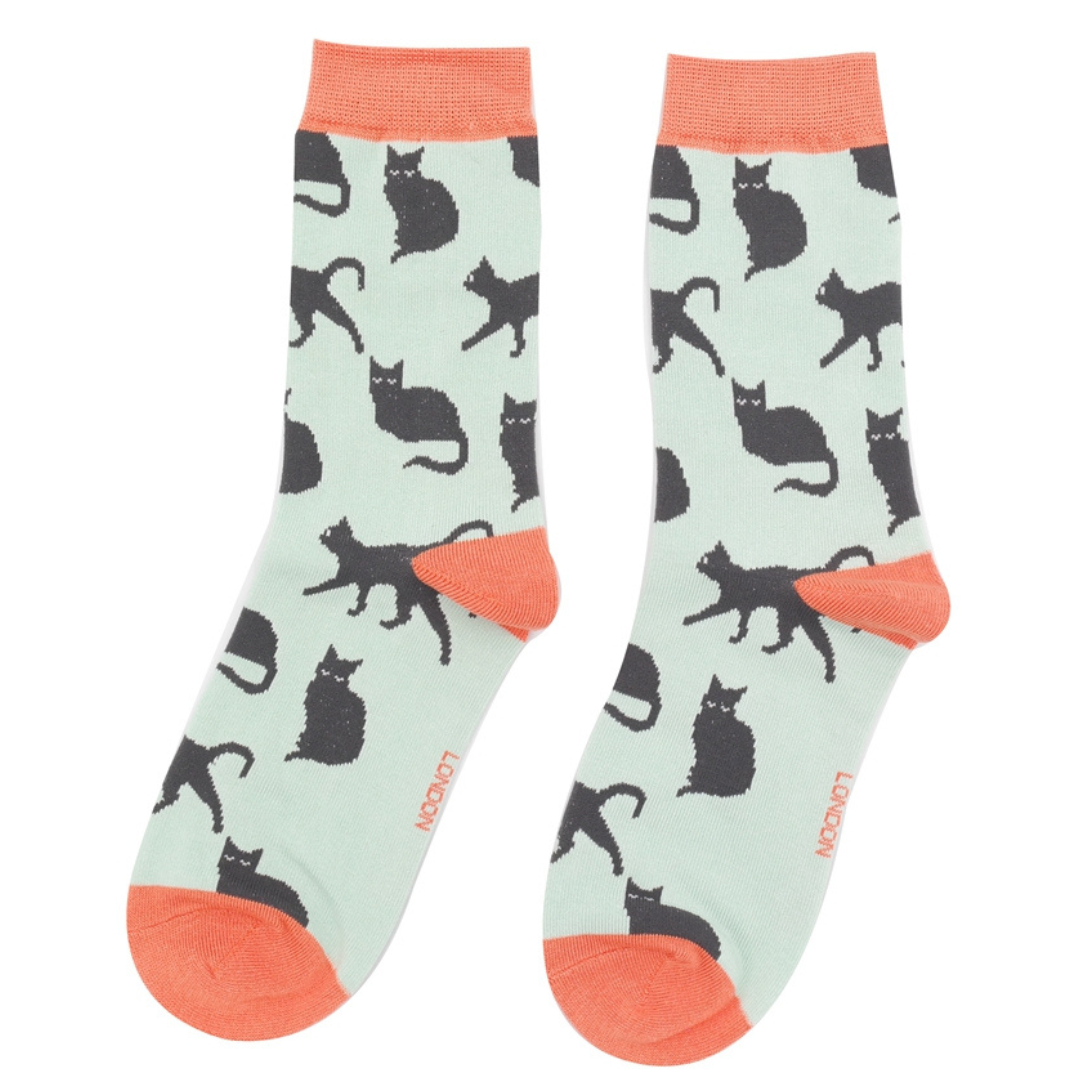 Miss Sparrow Bamboo Cute Cats Socks - Duck Egg