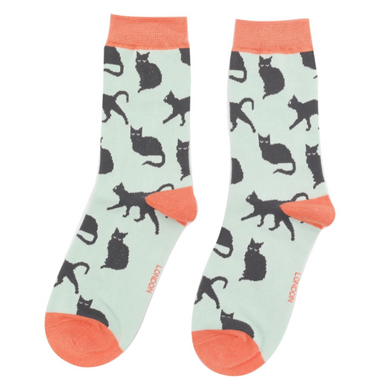 Miss Sparrow Bamboo Cute Cats Socks - Duck Egg