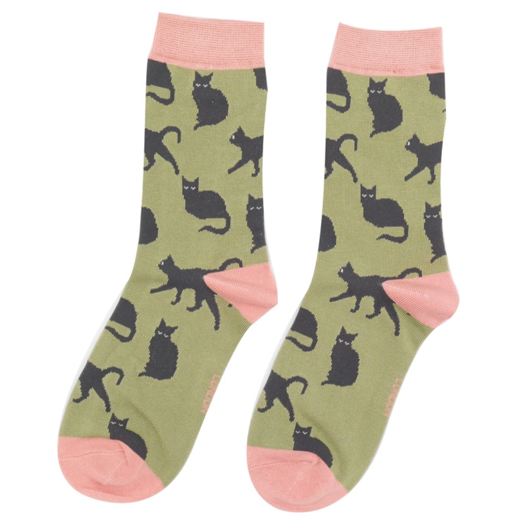 Miss Sparrow Bamboo Cute Cats Socks - Olive Green