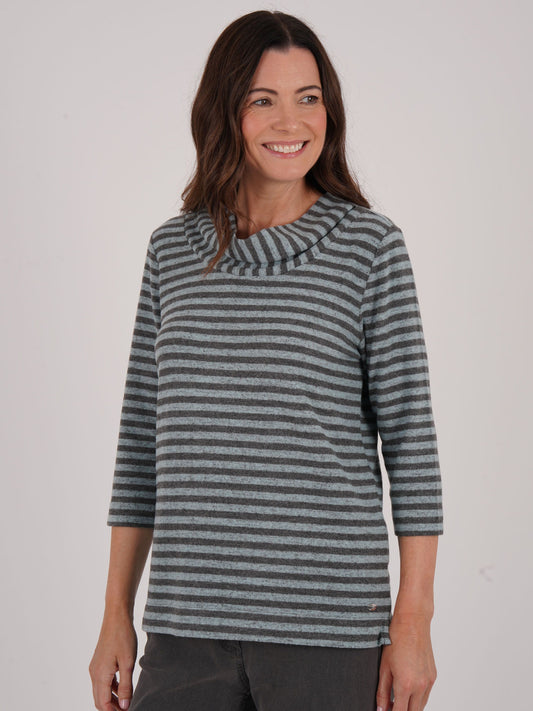 TIGI Yarn Dye Stripe Drape Cowl Neck Top - Mint Green