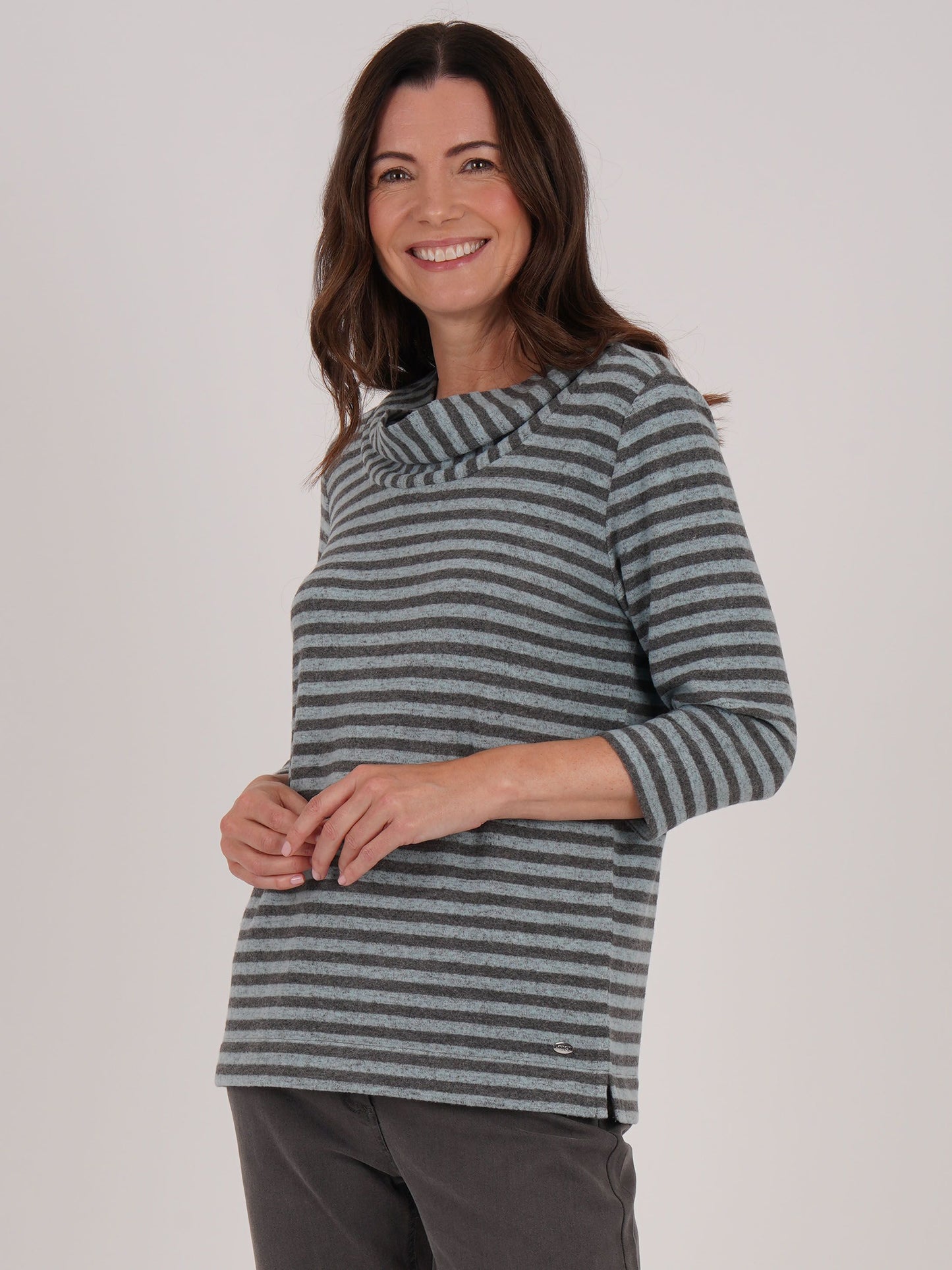 TIGI Yarn Dye Stripe Drape Cowl Neck Top - Mint Green