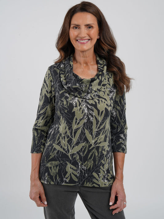 Tigi Jungle Leaf Print Top - Charcoal/ Green