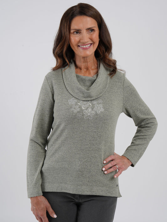 TIGI Diamante Placement Cowl Neck Top - Basil