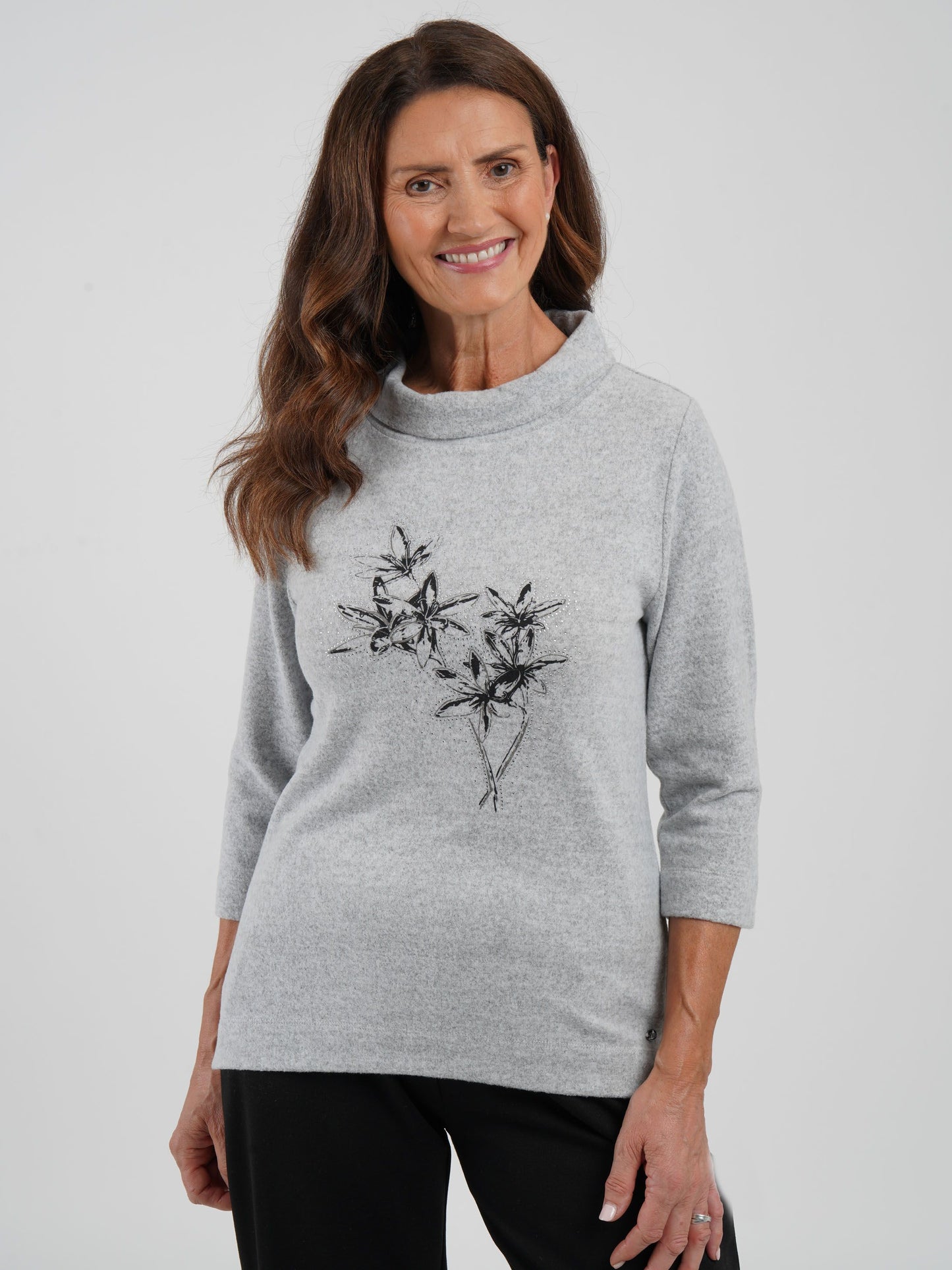 Tigi Lily Graphic Cowl Neck Top - Ash grey