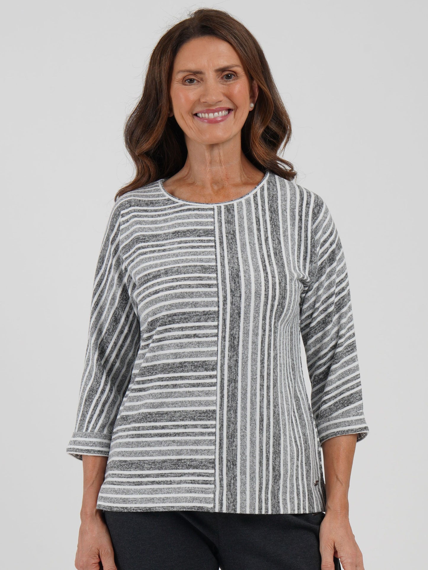 TIGI Cut And Sew Panelled Stripe Top - Silver Grey