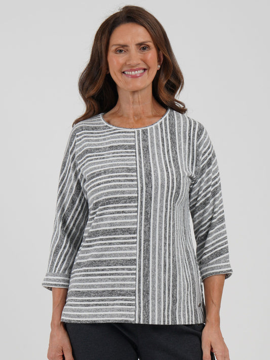 TIGI Cut And Sew Panelled Stripe Top - Silver Grey