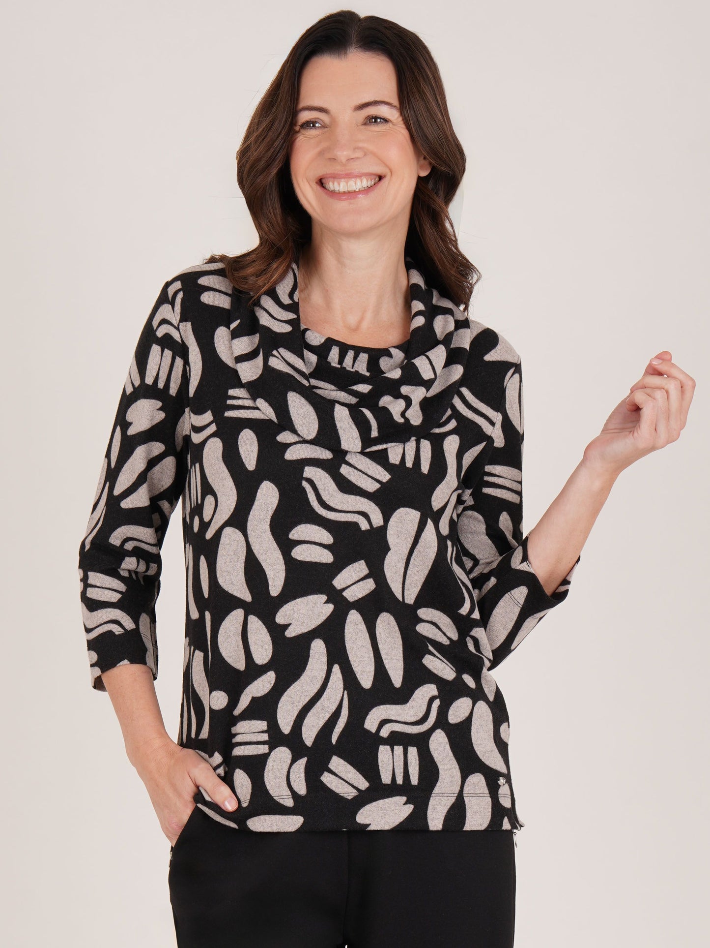 TIGI All Over Print Cowl Neck Top - Stone