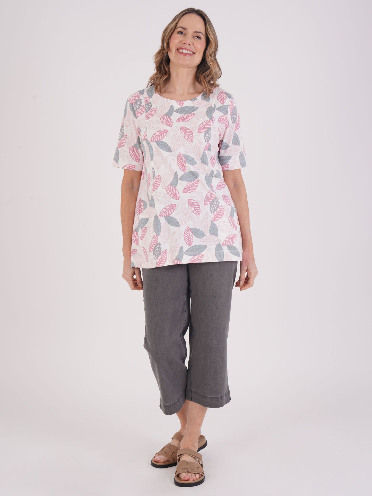 TIGI 100% Cotton Leaf Print Tunic with Pockets - Rose Pink