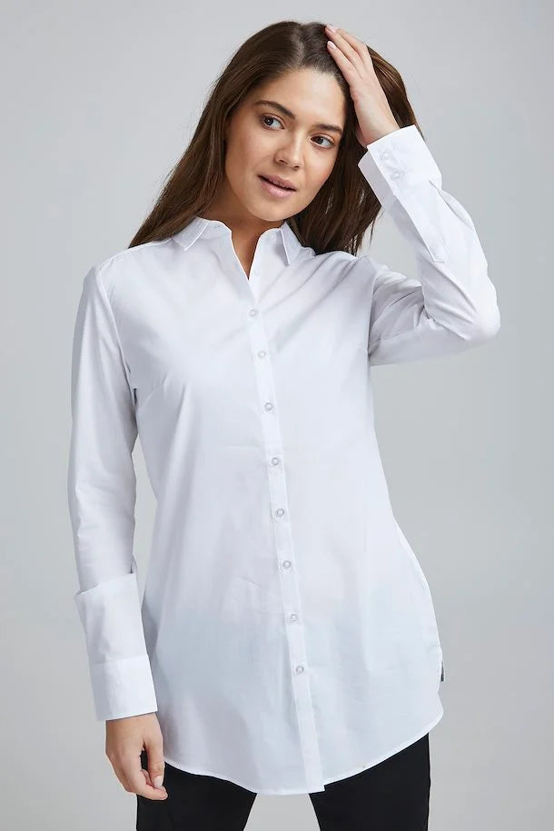 Fransa Classic Shirt/ Blouse with Dipped Hem - Plain white