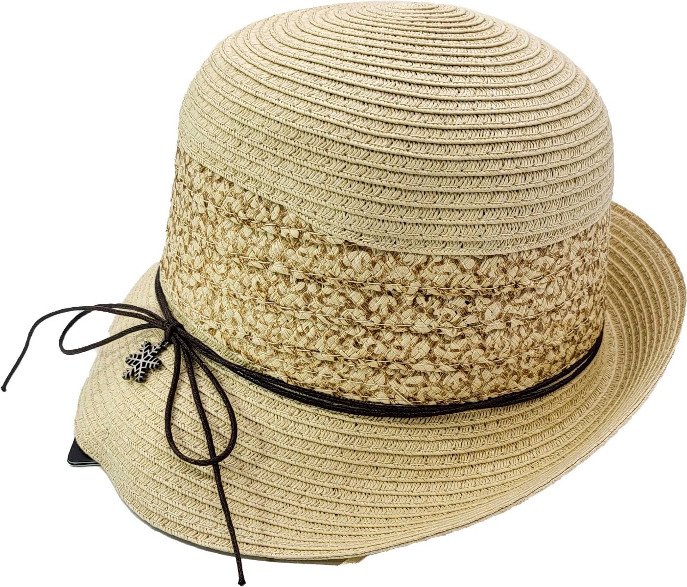 Textured Summer Hat with Straw Ribbon - Beige