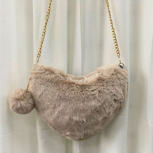 Faux Fur Heart Bag - Beige