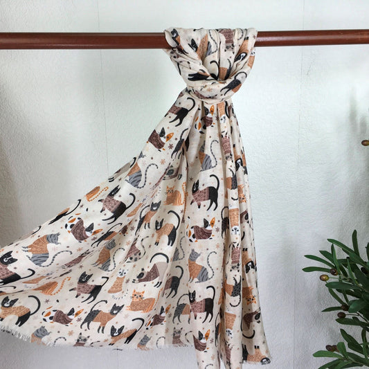 Cats Print Sheer Wrap/ Scarf - Beige