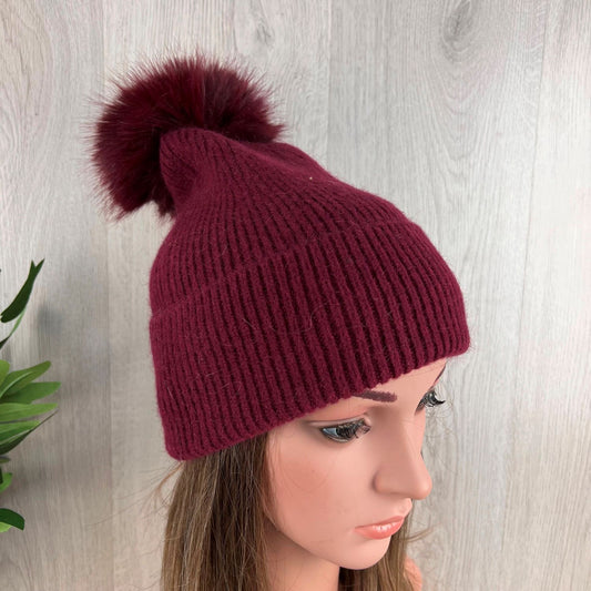 Ribbed Knit Winter Bobble  Hat - Burgundy