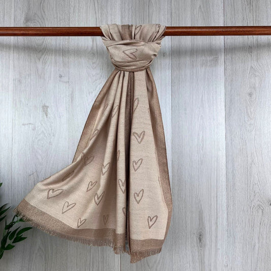 Heart Print Sparkle Winter Wrap/ Scarf - Beige