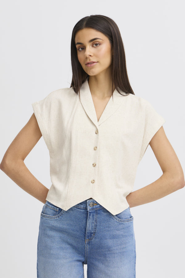 Fransa Atel Linen Blend Cropped Blouse - Oatmeal
