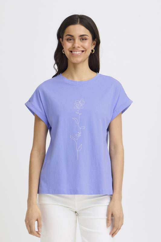Fransa Gali 100% Cotton Tee with Graphic - Hydrangea Blue