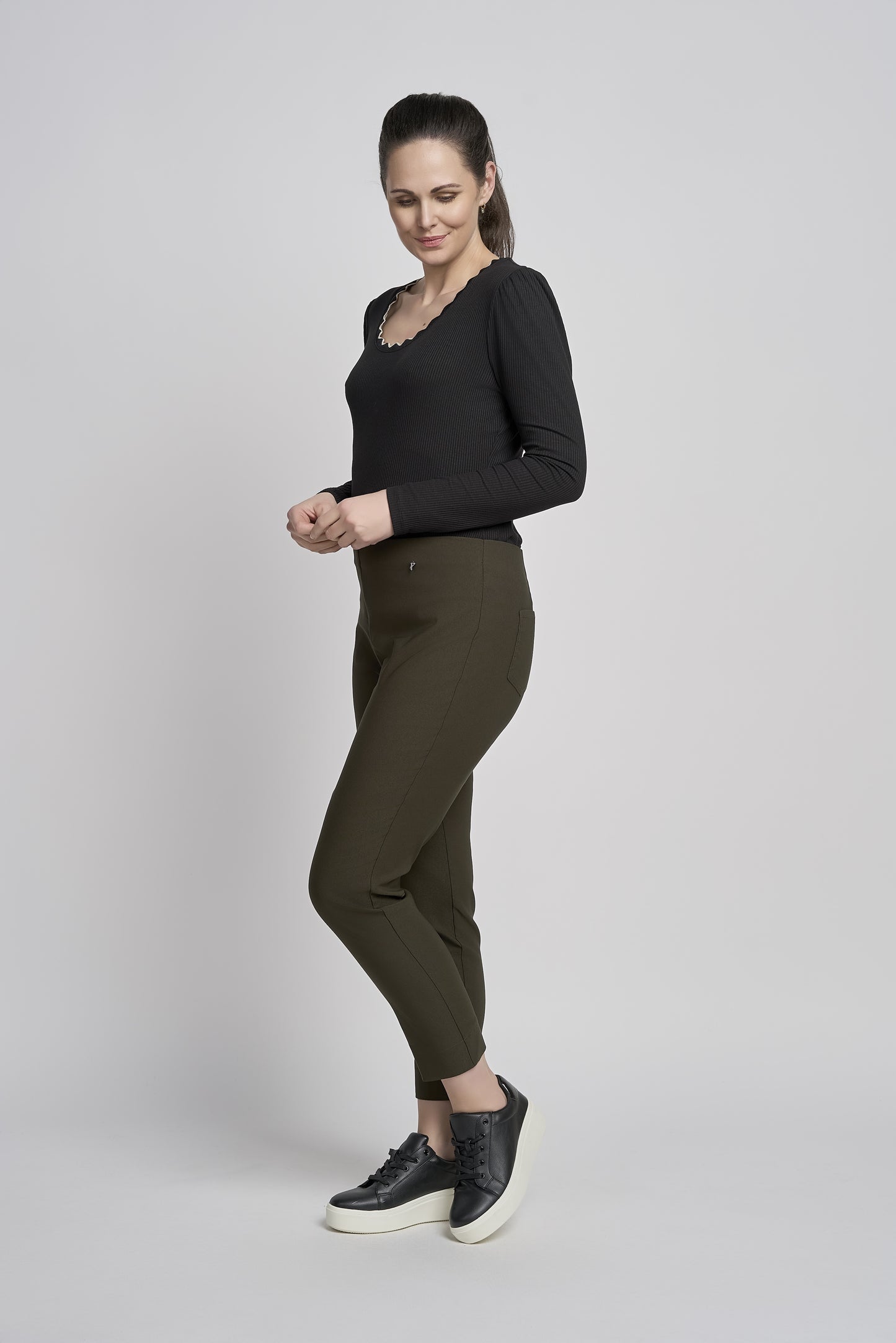 Pinns Buttercup Ankle Grazer 27" Stretch Trousers 302CT - Dark Khaki Green